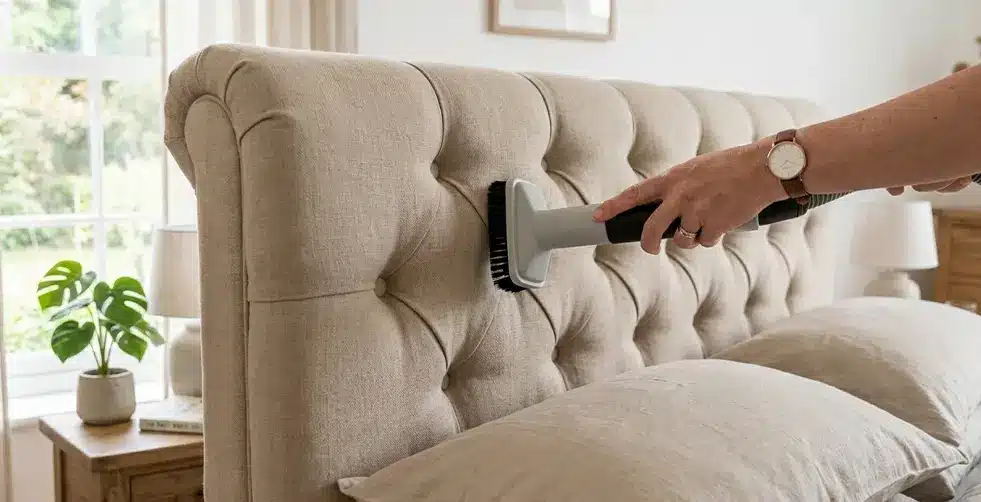 تمیز کردن تاج تخت پارچهای سرویس خواب دو نفره با جاروبرقی و سری مخصوص مبلمان