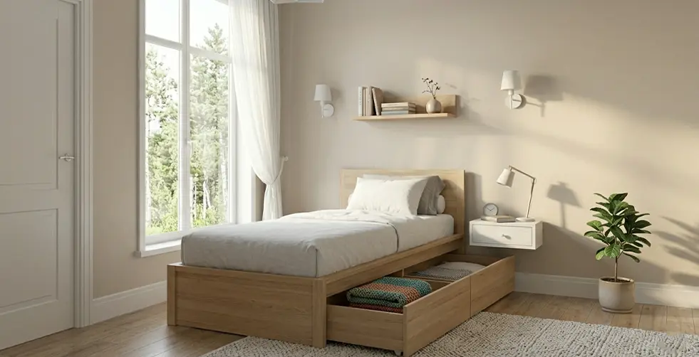 اتاق خواب نوجوان با سرویس خواب یک نفره شامل تخت، میز تحریر و کتابخانه